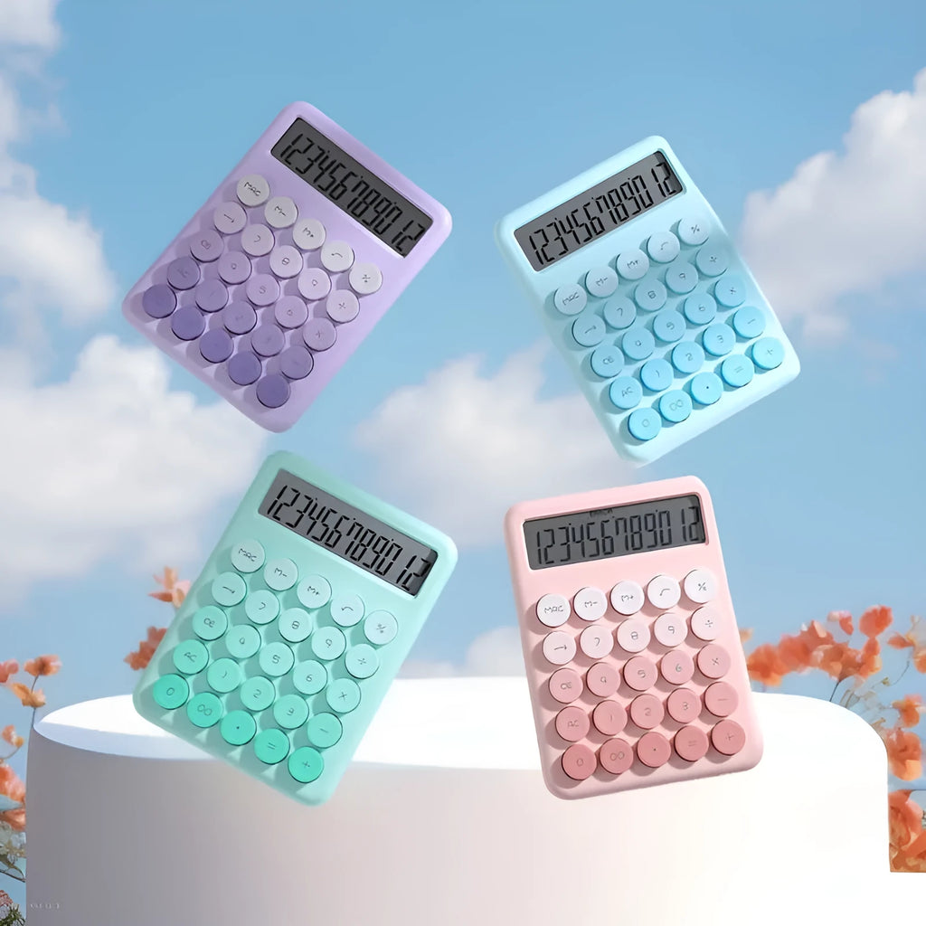 Desktop calculator with gradient colour design in violet, pink, blue or green.