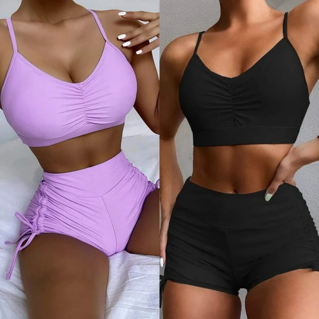Purple women's high waist split bikini swimsuit two-piece set on a mannequin.