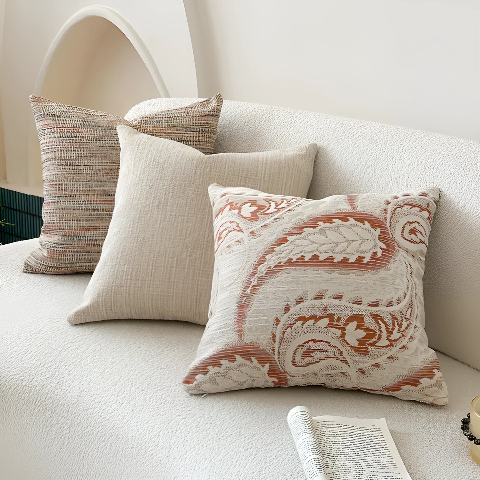 American-style jacquard sofa cushion cover with woven paisley and flower pattern in amber colours.