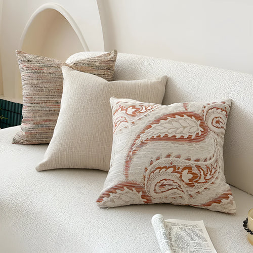 American-style jacquard sofa cushion cover with woven paisley and flower pattern in amber colours.