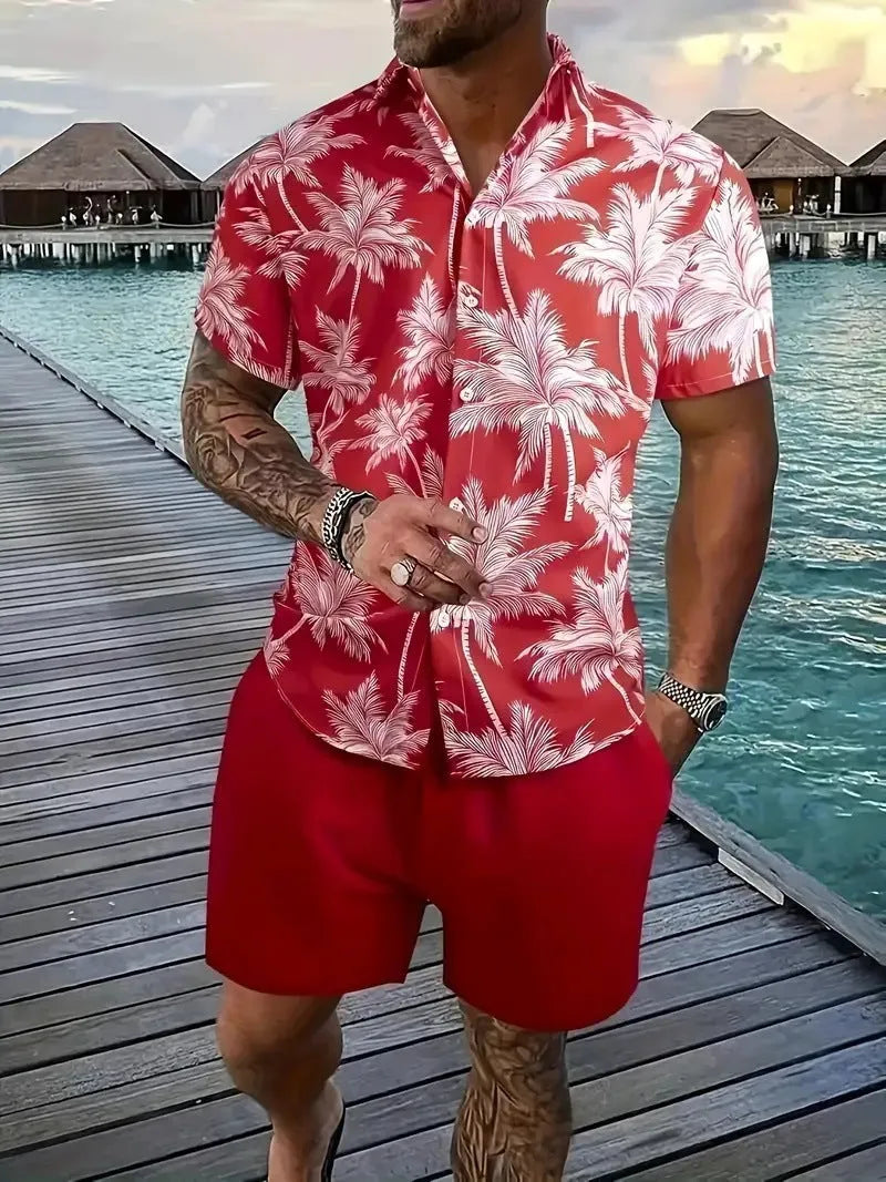 Men's 3D printed Hawaiian shirt and shorts co-ord set in a casual style.