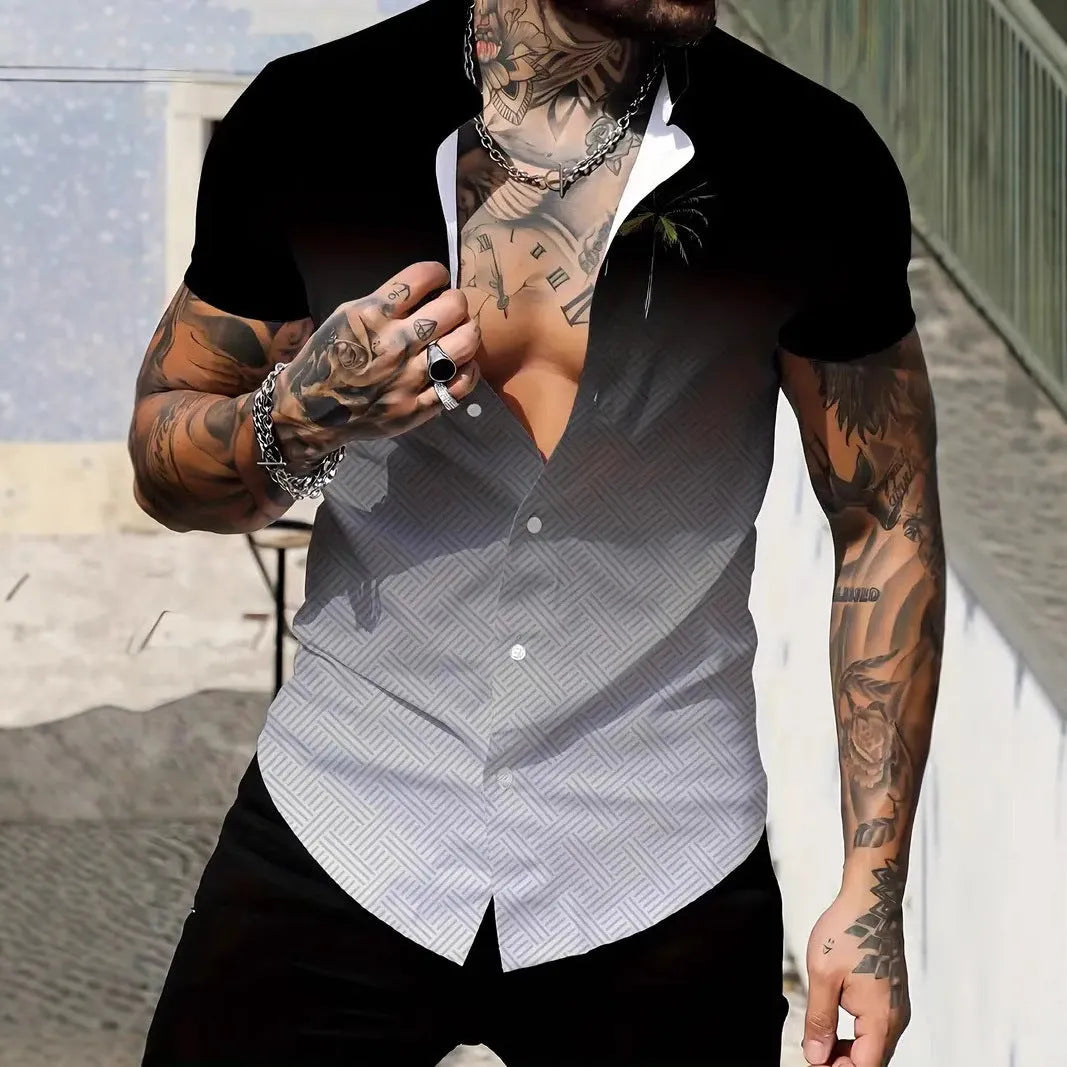 Men's slim fit geometric line print short sleeve shirt with a lapel collar.