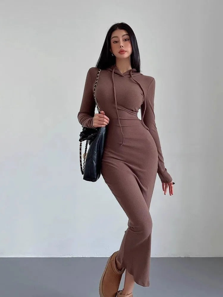 Women's grey hooded long sleeve sheath dress with a high waist and over-the-knee length.