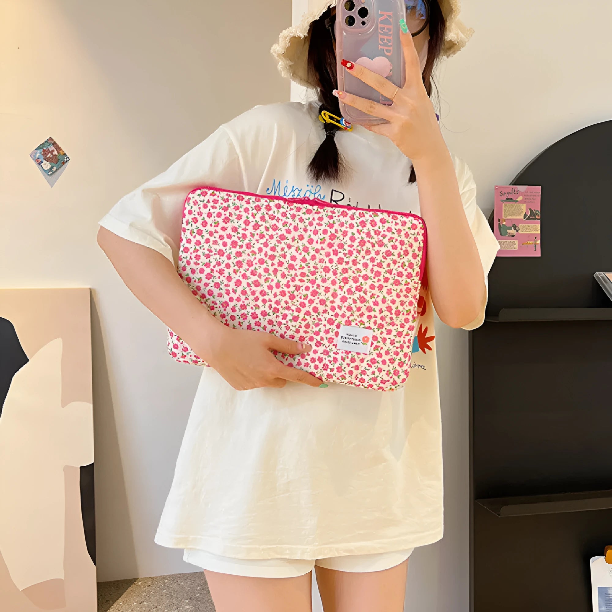 Floral print laptop bag for women in green flower pattern showing storage compartments and slim profile
