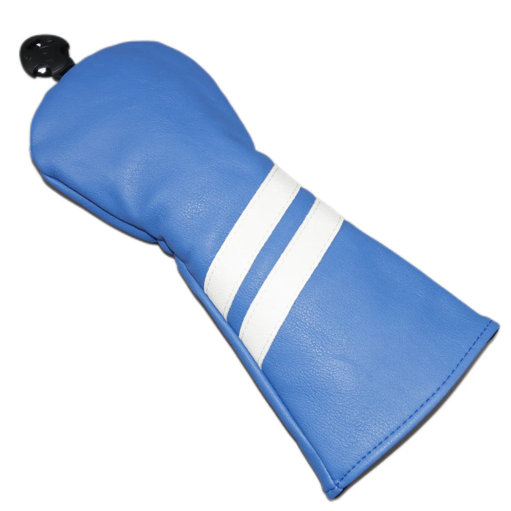 PU golf club head cover sleeve with two diagonal stripes for wood clubs, shown in multiple colours and sizes.