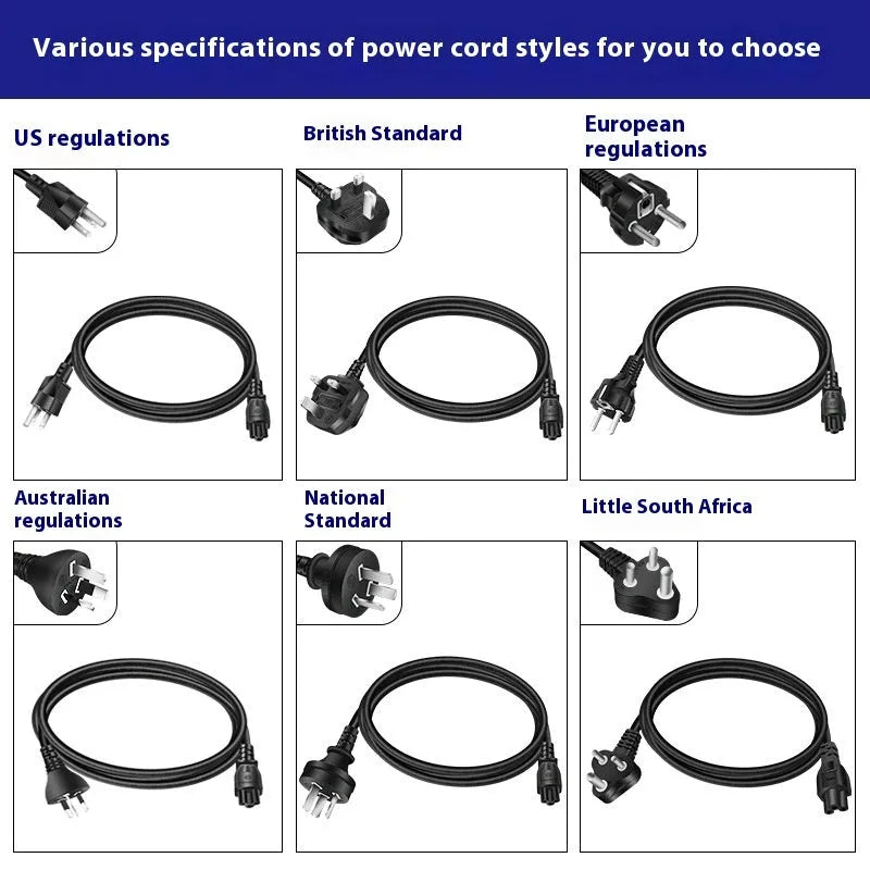 Black 65W Type-C laptop power adapter with a set of interchangeable international plug heads.