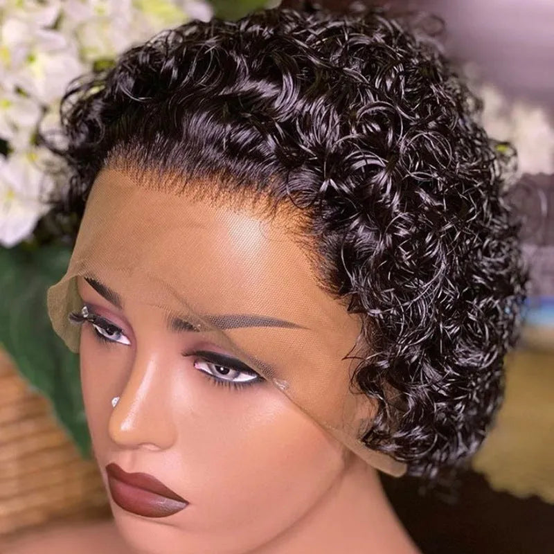 Human hair lace pixie wig cover in colour 13x1 black for daily wear