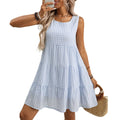 Women's light blue sleeveless plaid dress with high waist and swing skirt on a hanger.