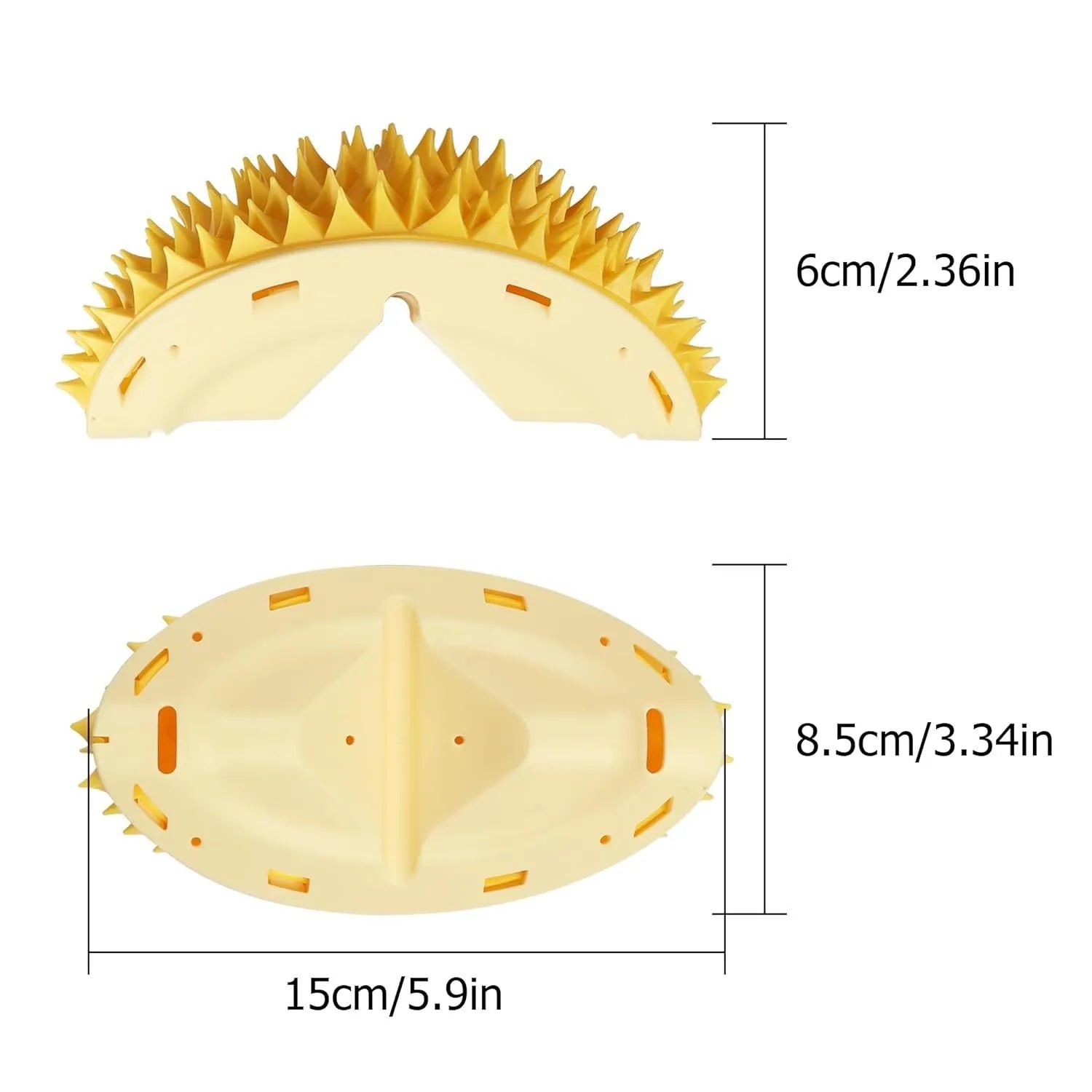 Yellow durian-shaped cat corner scratcher and grooming comb with adhesive backing