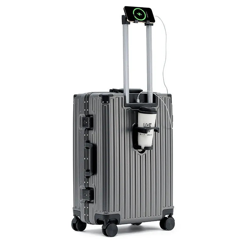 Aluminium frame ABS PC suitcase in avocado green colour with USB port and universal wheels.