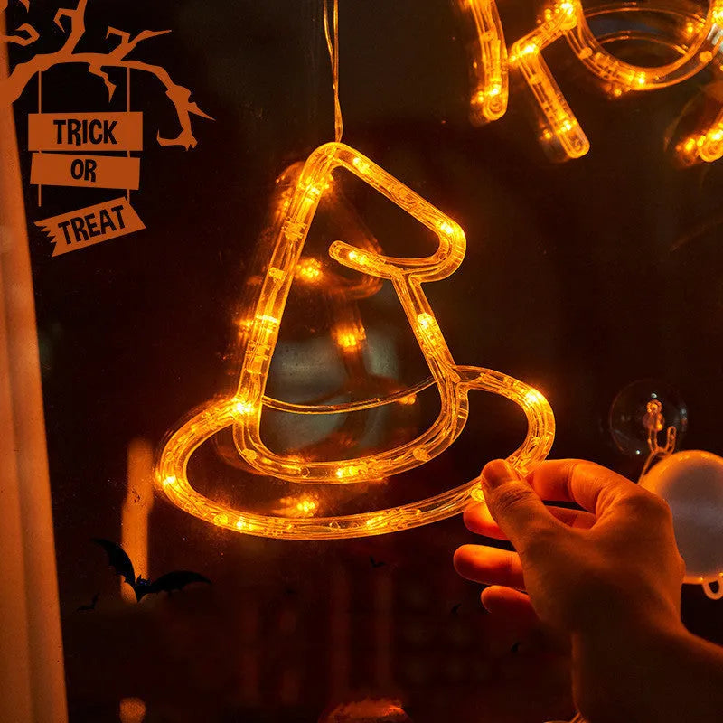 Halloween LED window hanging lights showing 7 horror characters including spider, pumpkin and ghost designs