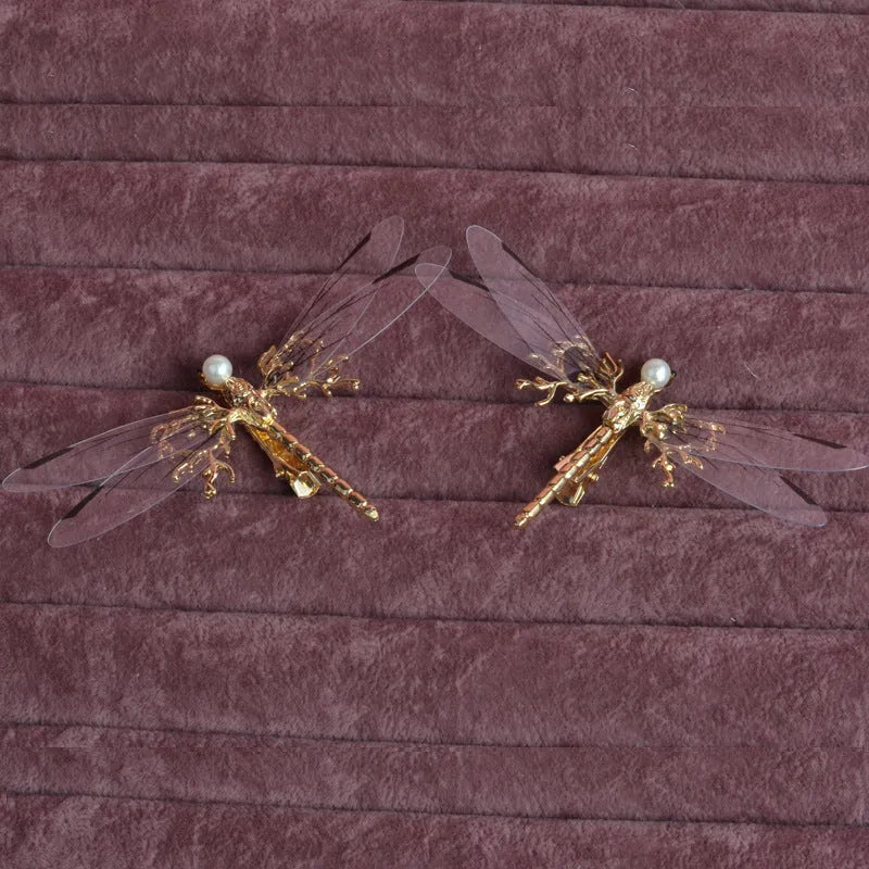Golden dragonfly-shaped side clip headdress hair accessory for women