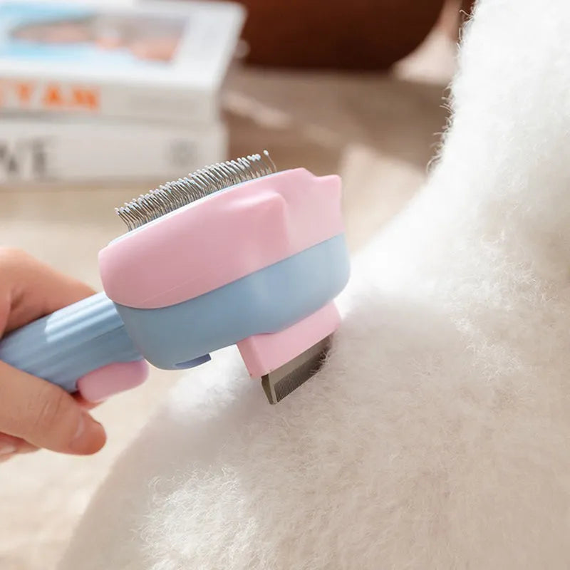 Blue and green double-sided pet grooming brush for deshedding and dematting cats and large dogs.