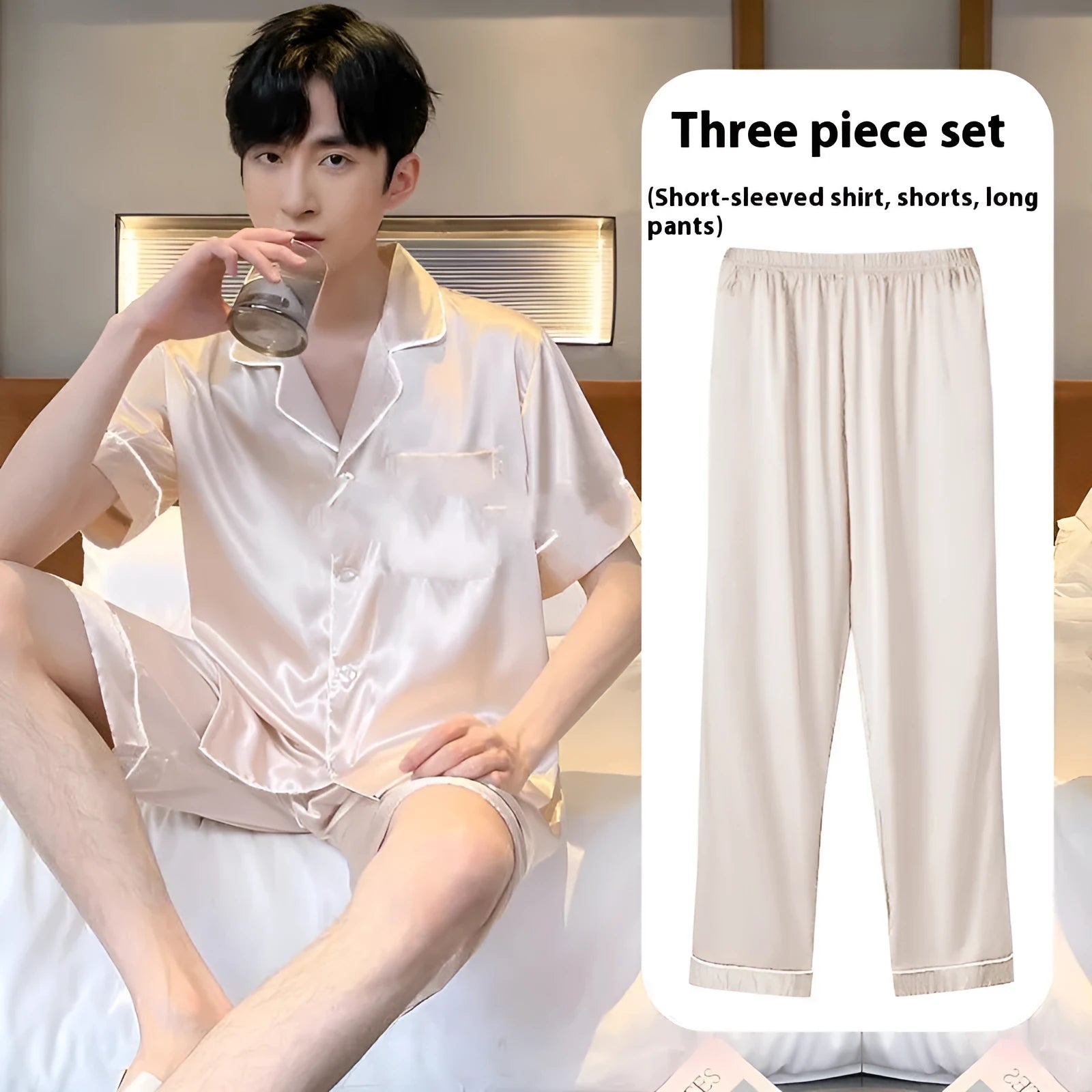 Men's ice silk three-piece pyjama set in black, showing shorts and trousers for lightweight home wear.