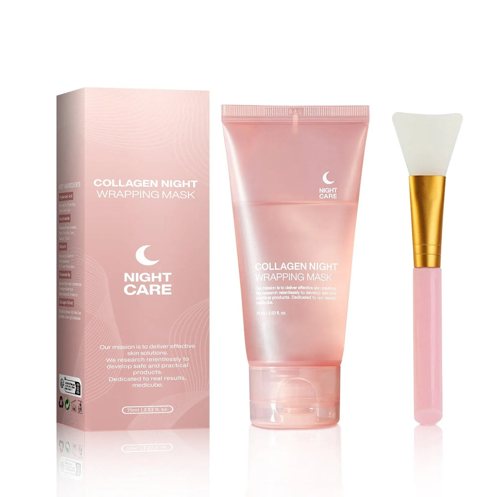 75ml bottle of collagen night sleep mask with application brush for firming and hydrating skin