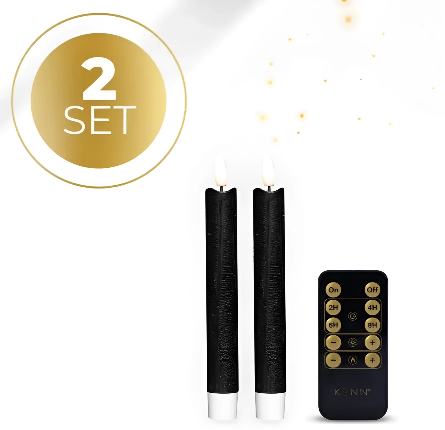 Set of four slim black LED taper candles with a realistic 3D flickering flame effect.