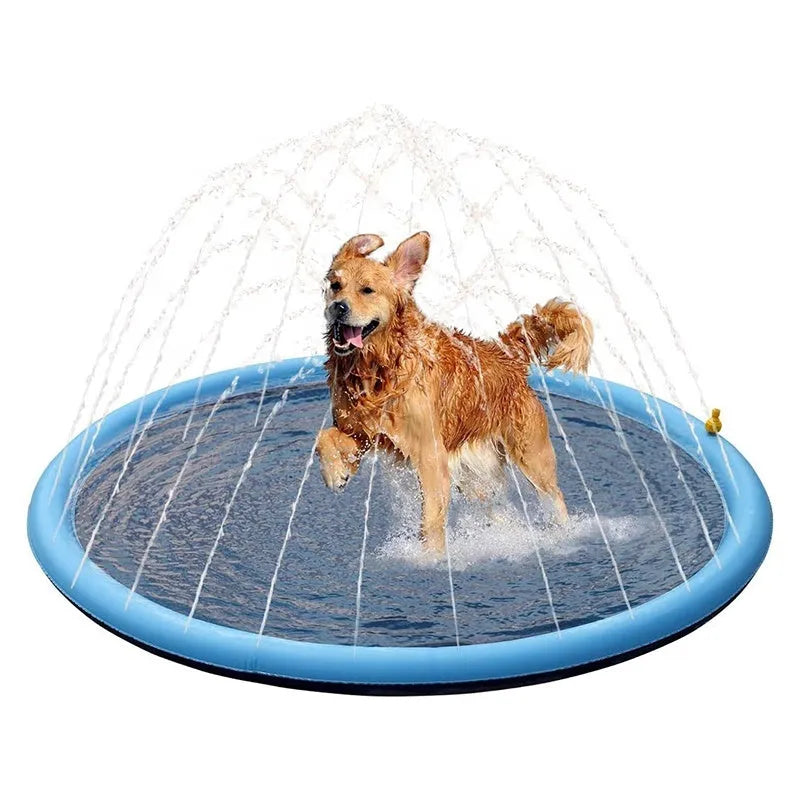 Large blue and green dog splash pad with sprinkler spray, showing anti-slip texture, placed on grass.