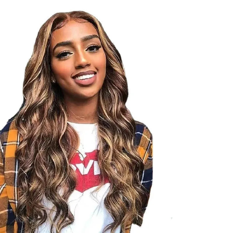 Front lace wig with gradient black colour and big waves, showing side bangs and natural hairline