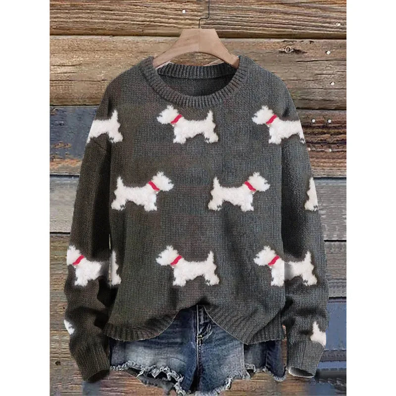 Women's round neck sweater with a small digital floral print in a solid colour.