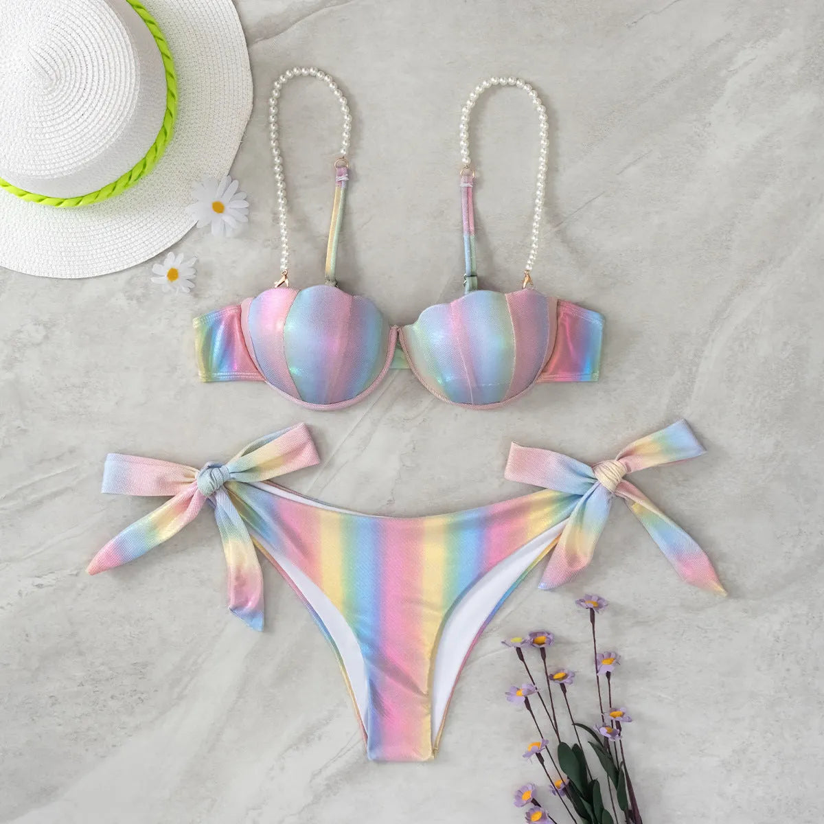 Women's shell rainbow pattern bikini swimsuit with split tied halter top and brief bottom