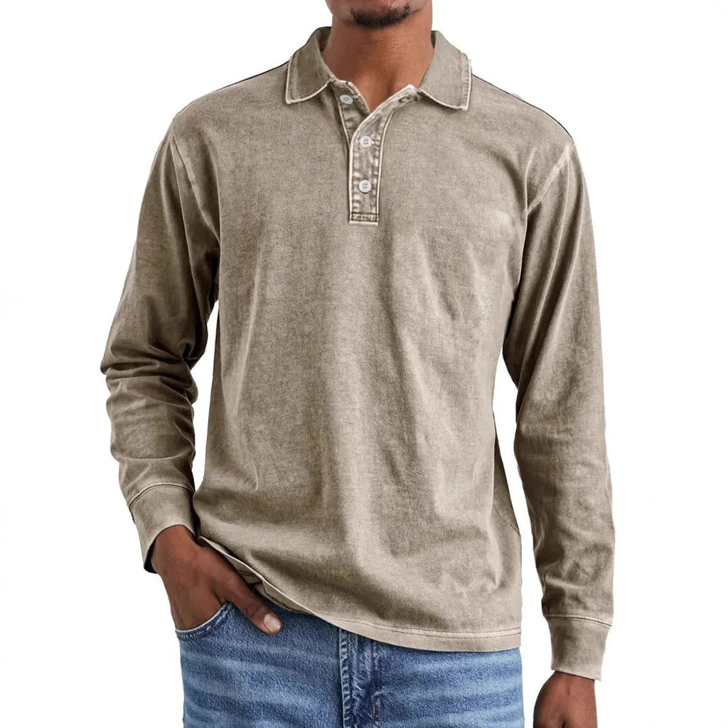 Men's retro washed distressed cotton lapel long sleeve polo shirt shown in army green.