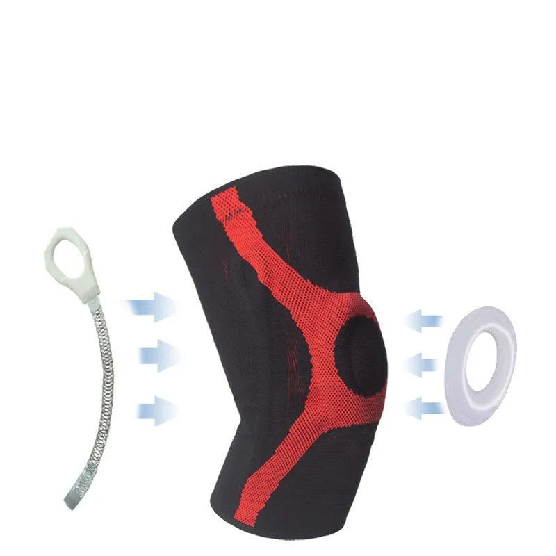 Red and grey silicone knitted sports kneecaps for running and climbing, shown in S M L XL sizes.