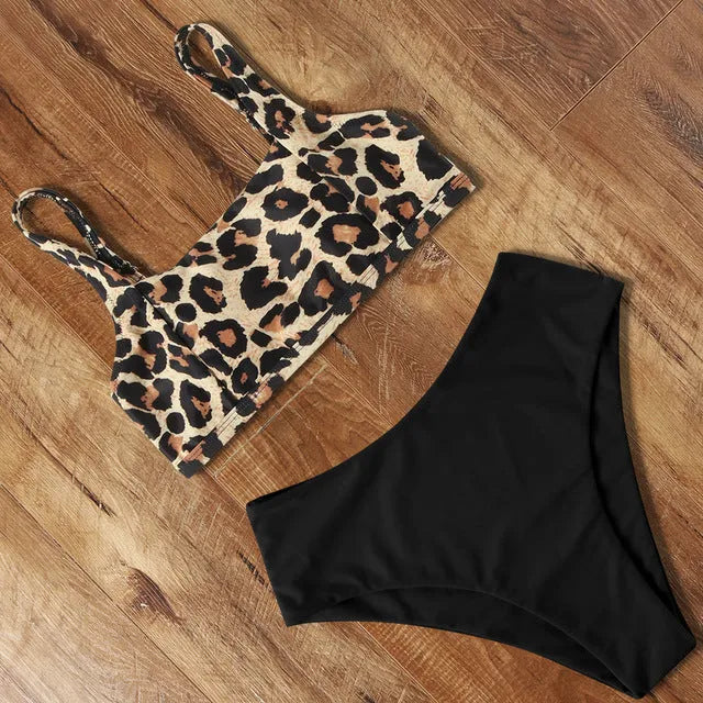 High waist bikini set with push-up top and brief-style shorts in leopard print and multi-colour options