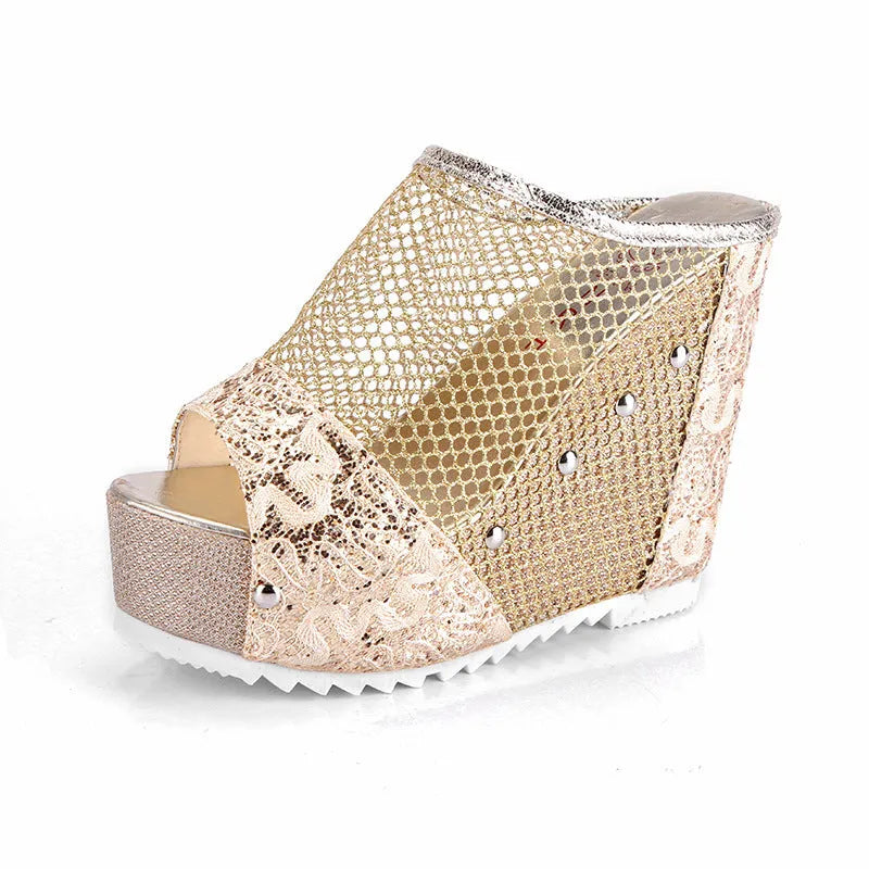 Women's black Korean-style platform sandals with hollowed-out heel, chunky block heel, and lace-up front on mesh upper.