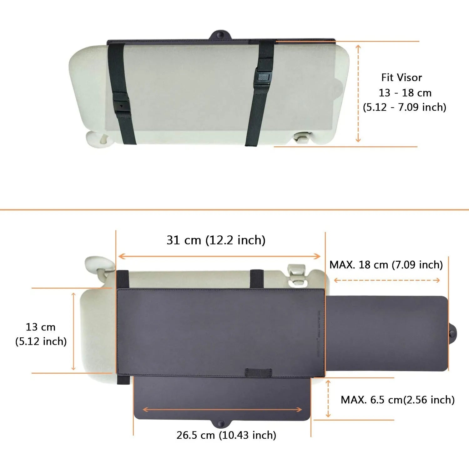 Portable retractable car sun visor in black PU leather, universal fit, 31cm width