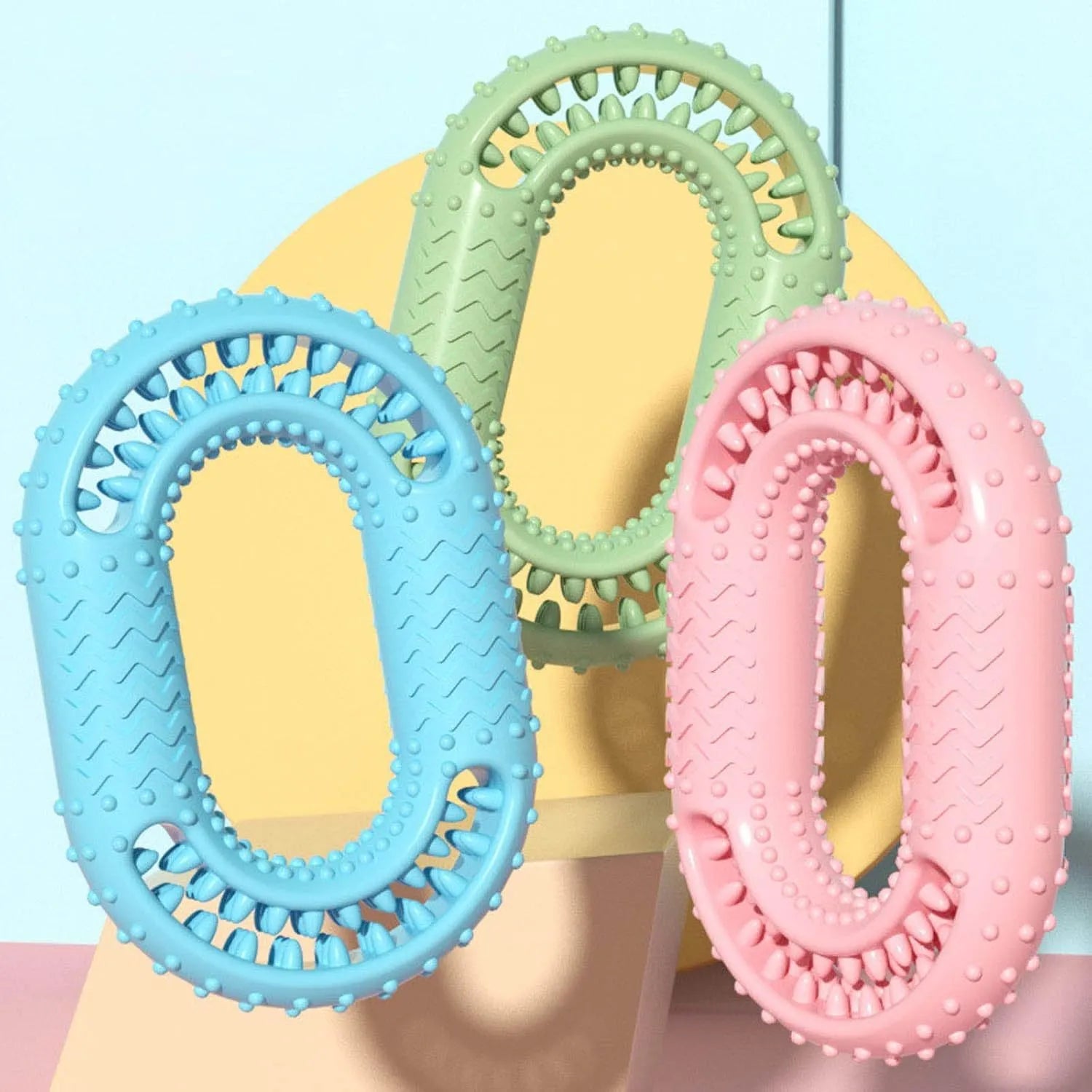 Blue green pink O-ring shaped resistant dog chewing toy for aggressive chewers and dental care