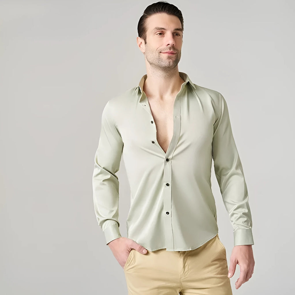 Man wearing a solid colour long sleeve polyester work shirt, showcasing the professional fit and style.