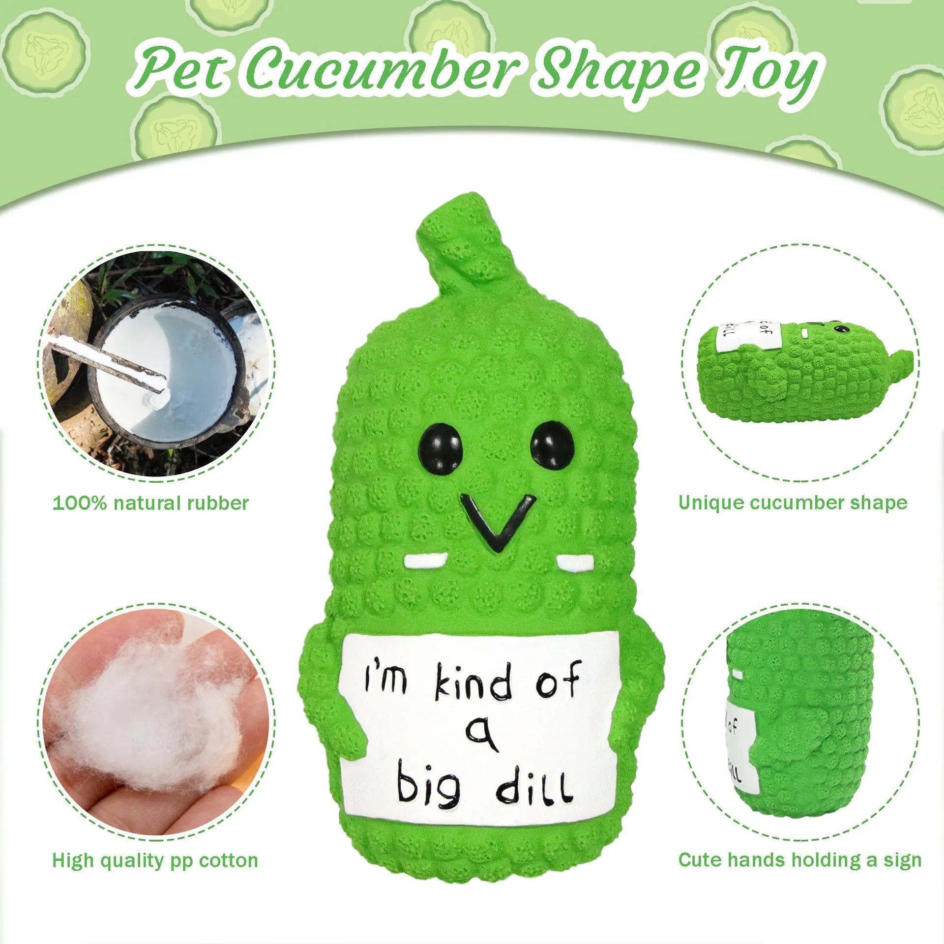 Green latex pickle-shaped dog squeaky toy with textured nubs for chewing.