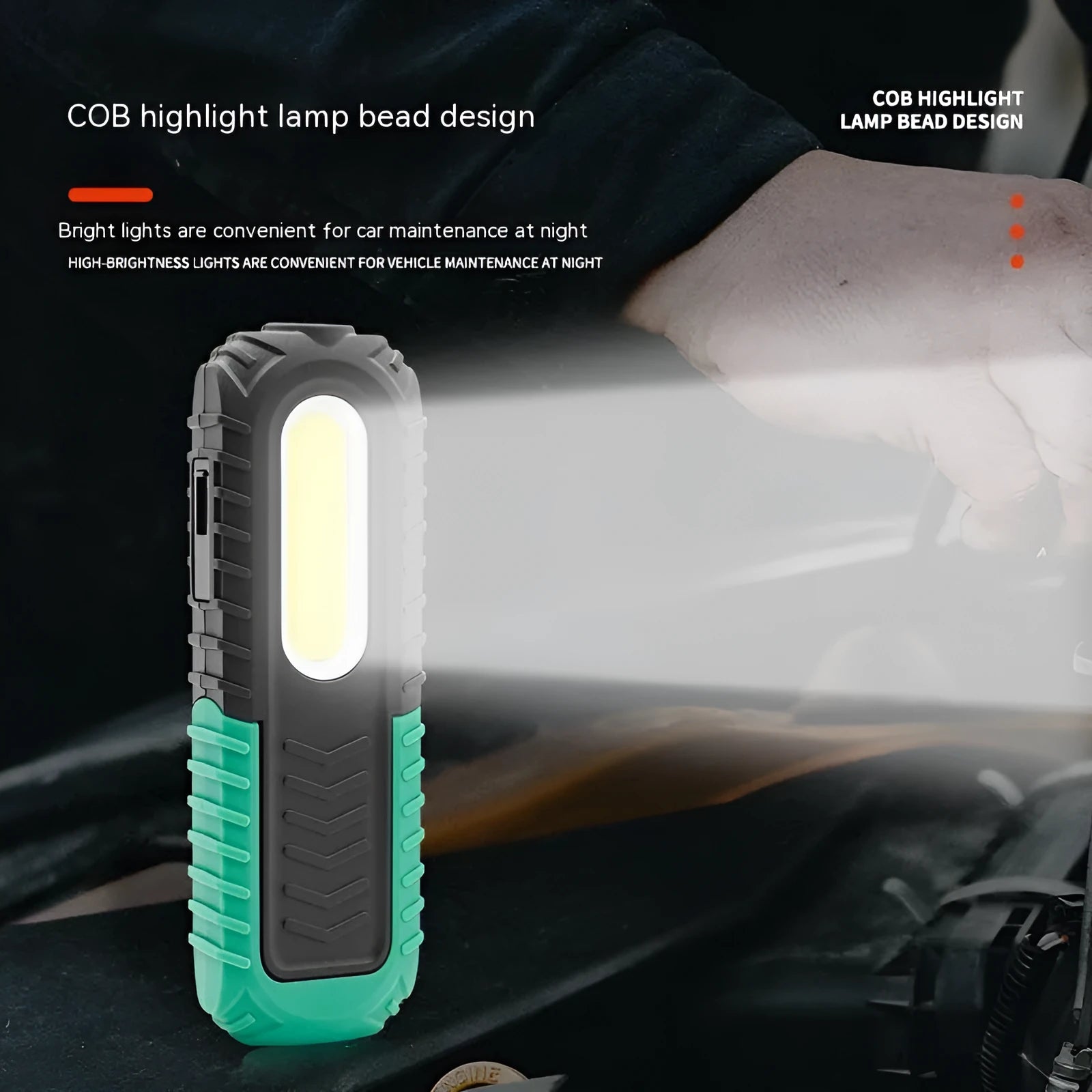 Black and green USB rechargeable auto repair work light with PET-coated housing