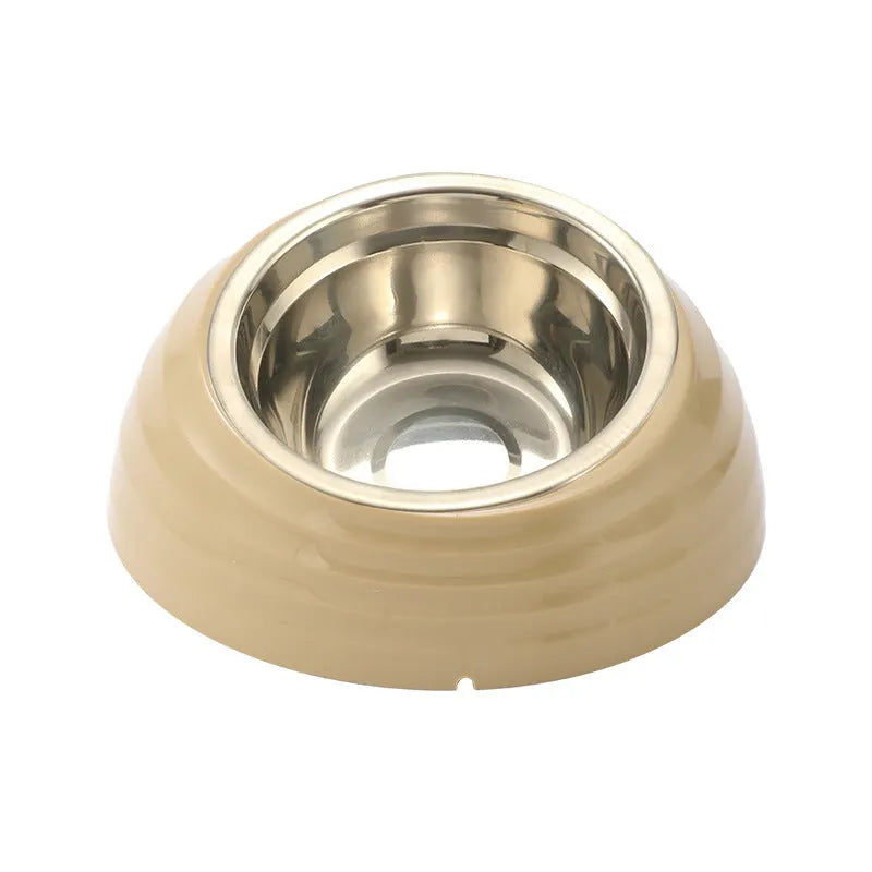 Stainless steel cat bowl with plastic base in beige, brown, or light green colour options