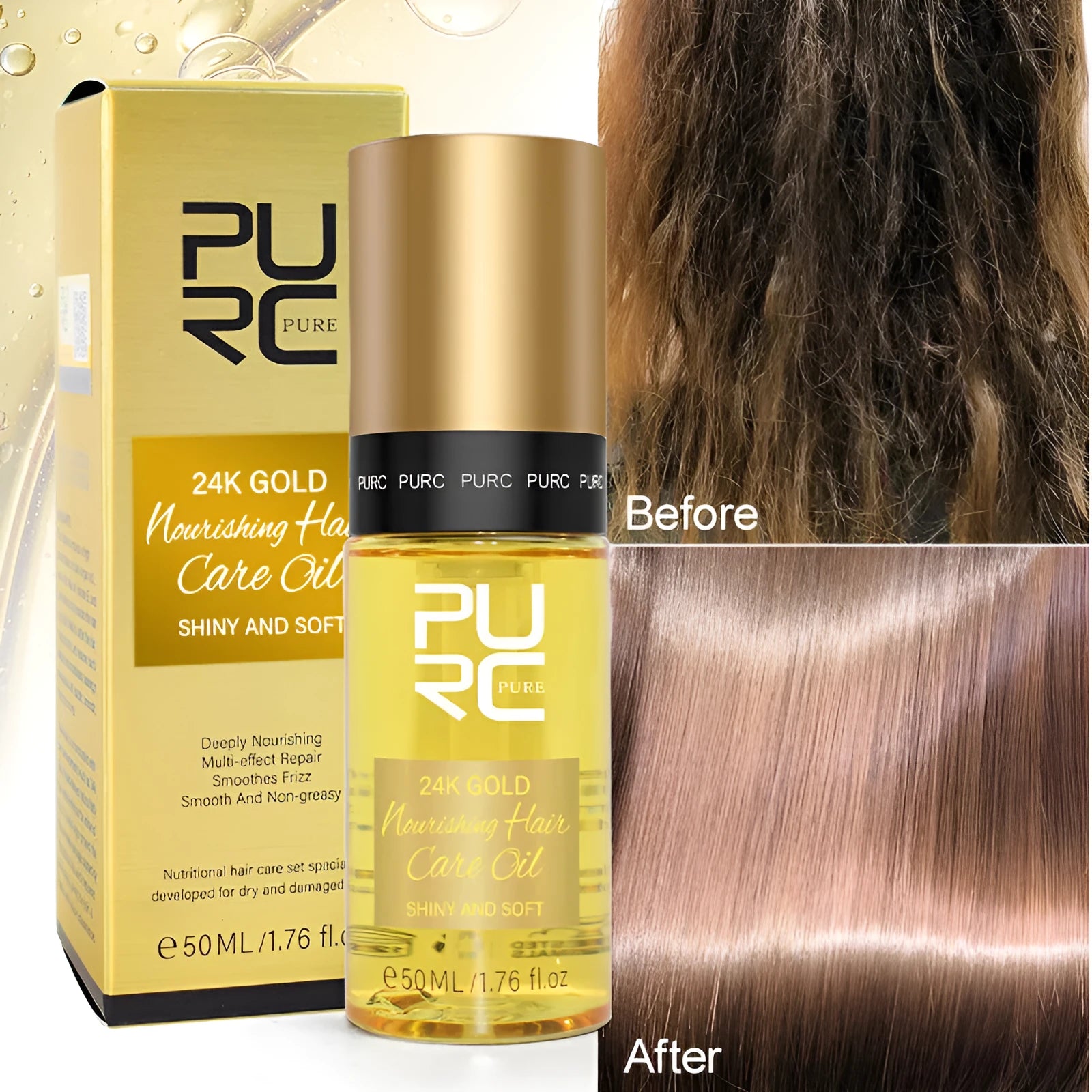 Yellow bottle of 50ml essential hair care oil for repairing damaged and frizzy hair