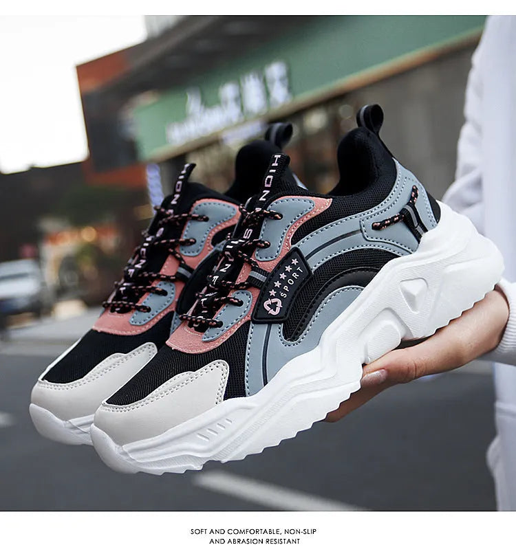 Women's white mesh casual sports shoes with thick PU soles and round toe design