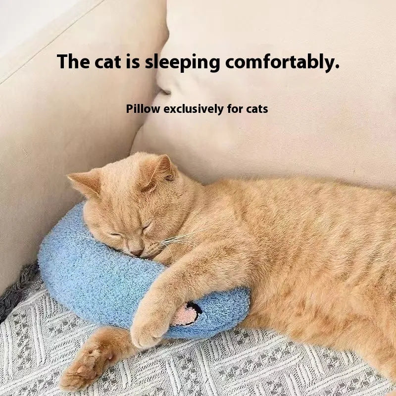 Blue, white and yellow U-shaped cat pillow in Moon and question mark styles for pet beds.