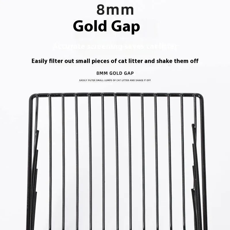 Black metal cat litter scoop with 0.8cm gaps between perforations