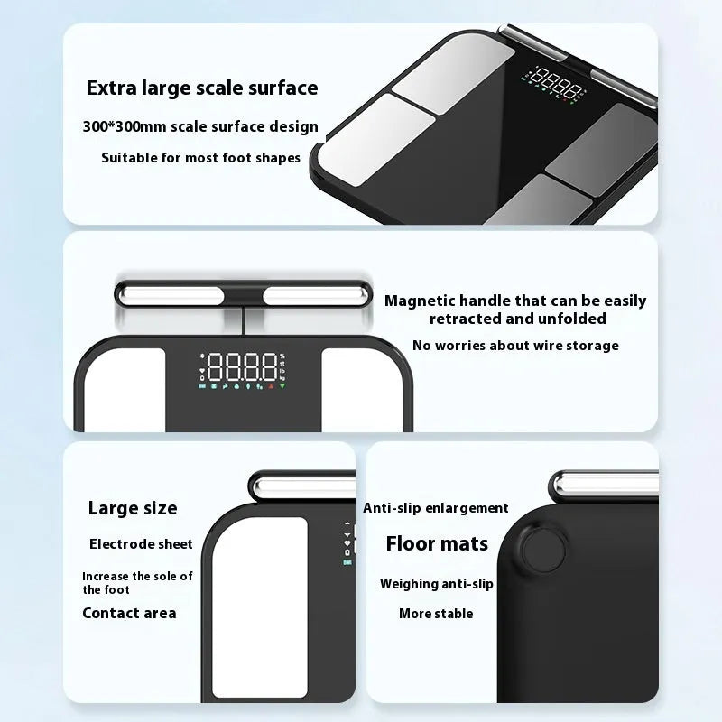 Black electronic bathroom scale with tempered glass platform showing body fat measurement on colour screen
