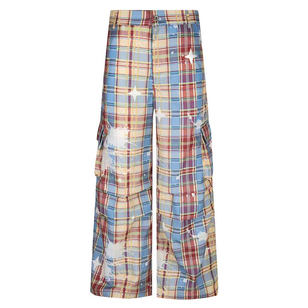 Blue and yellow plaid men's overalls with loose straight-leg cut and mid-waist styling