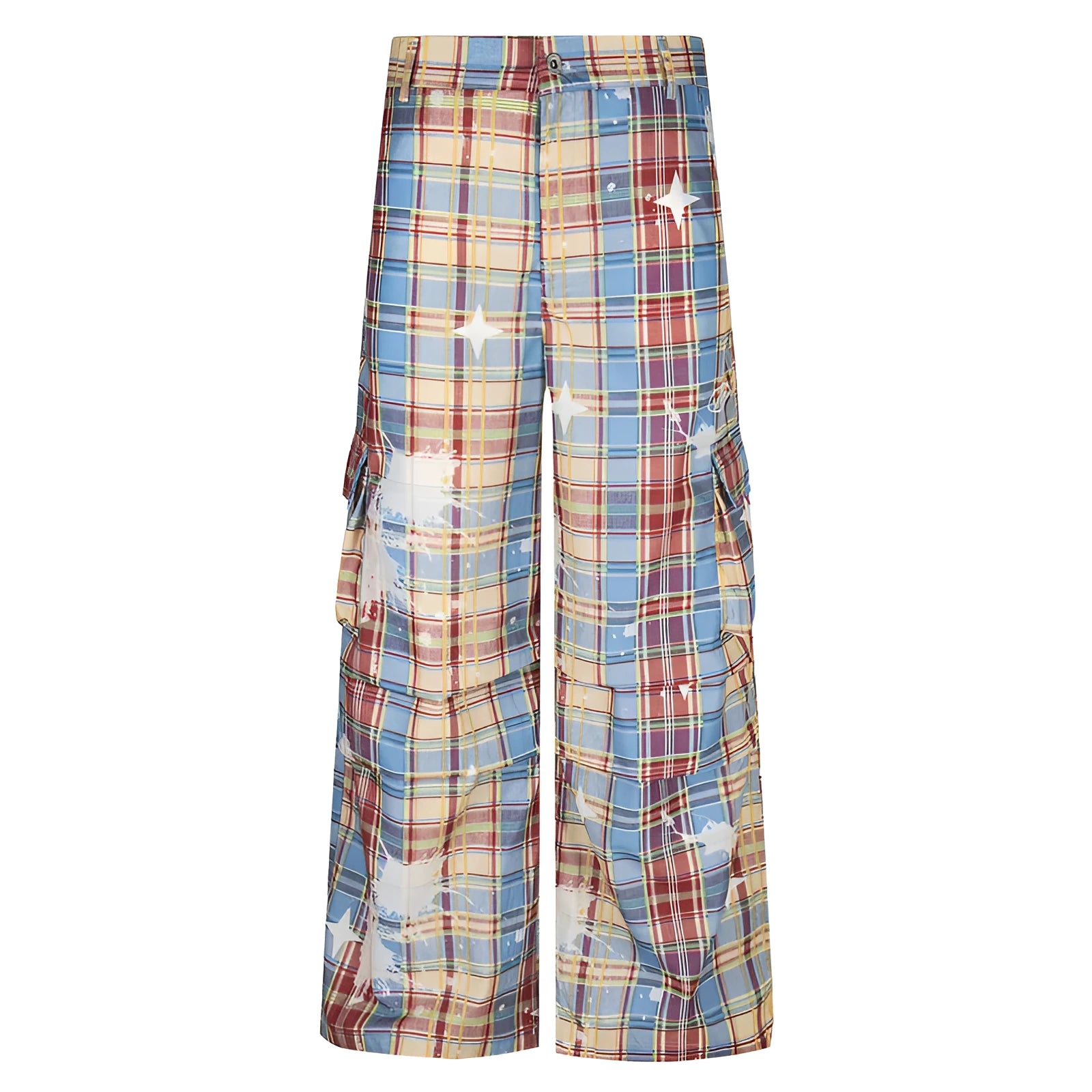 Blue and yellow plaid men's overalls with loose straight-leg cut and mid-waist styling