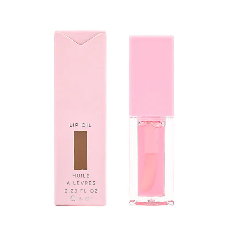 Transparent lip gloss tube showing six fruit shade options including cherry and watermelon
