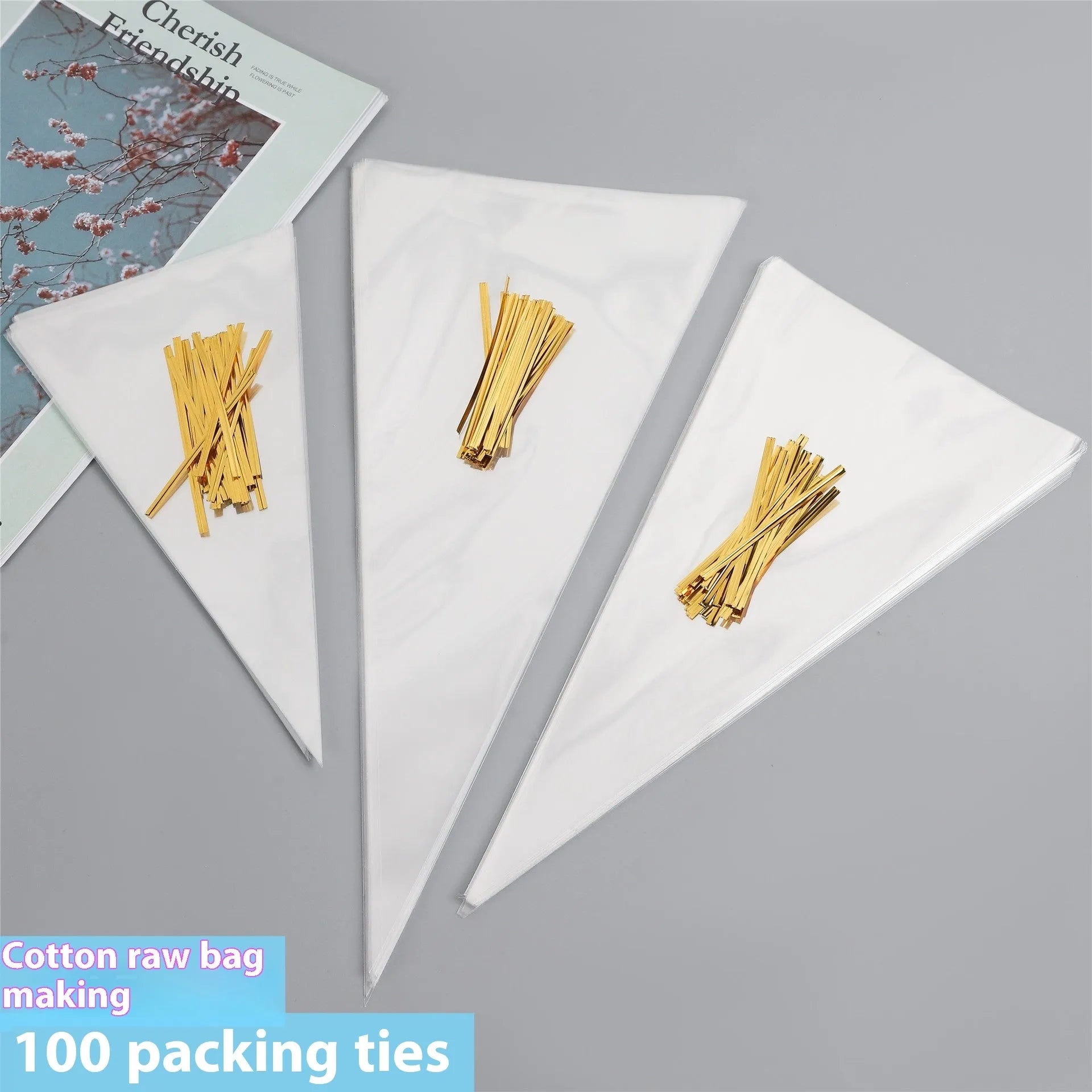 Clear triangle-shaped plastic packaging bag with a built-in white tie wire, shown sealed.