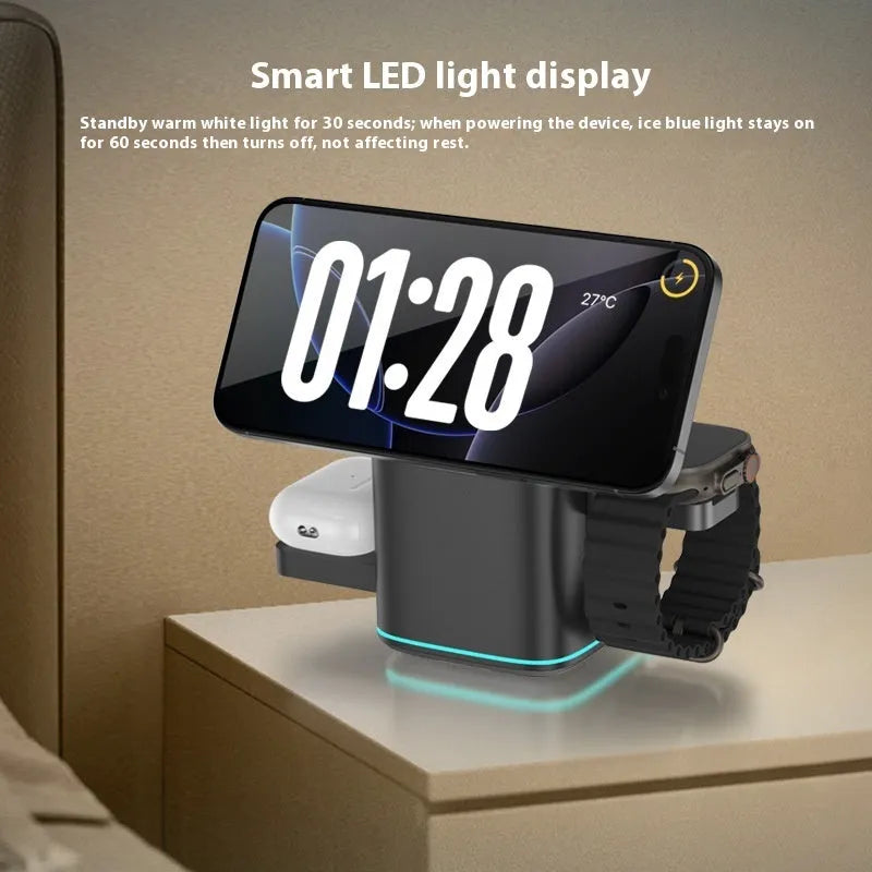 Black mobile phone magnetic wireless charging stand on a desk, showing its 180-degree rotation feature.