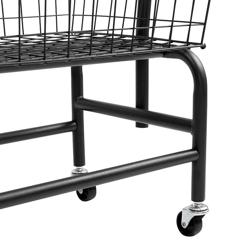 White iron frame single rod clothes rack on wheels with a pulley height adjustment system.