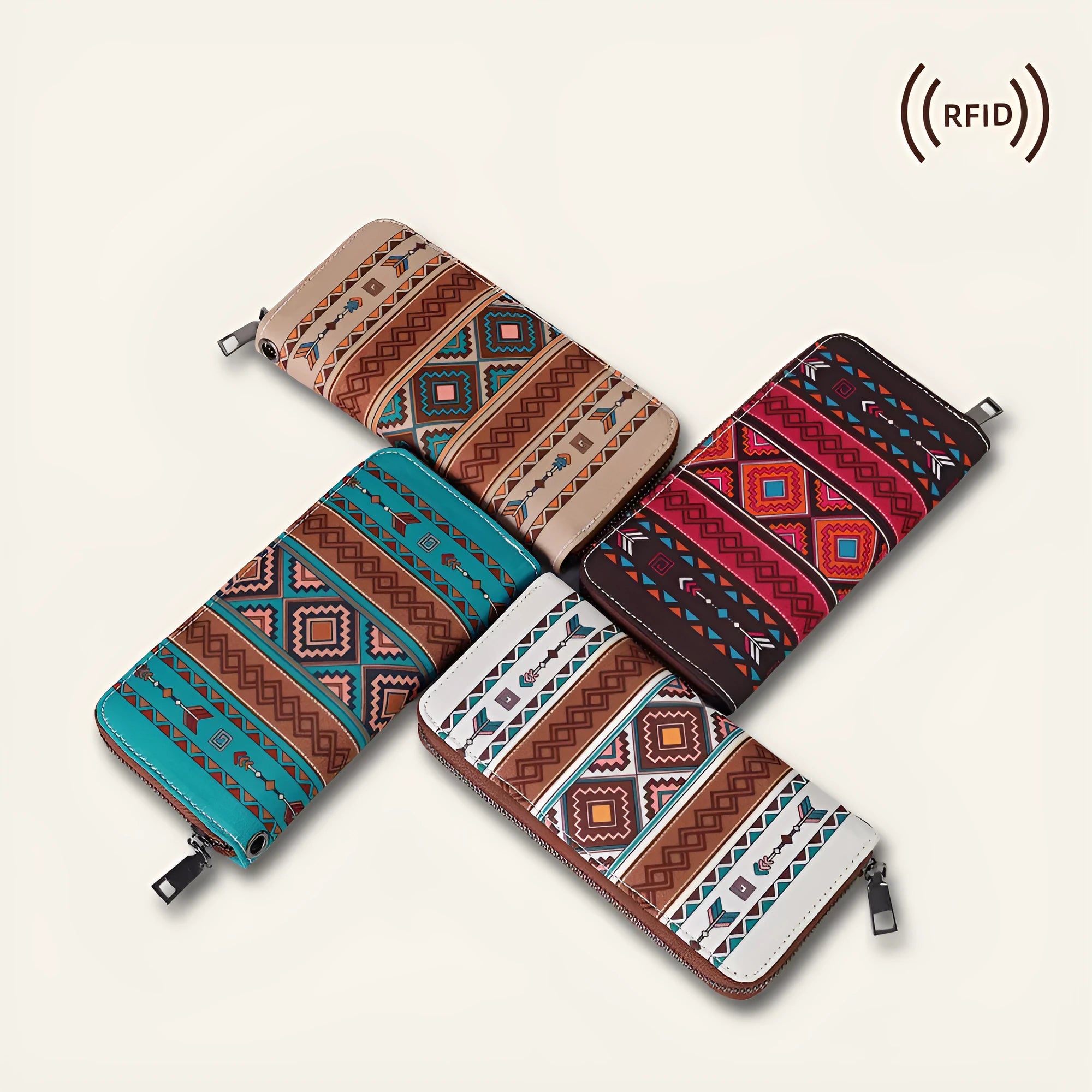 Bohemian stripe pattern canvas RFID wallet in beige, showing anti-theft function and card slots