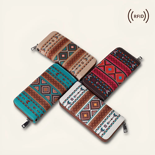 Bohemian stripe pattern canvas RFID wallet in beige, showing anti-theft function and card slots