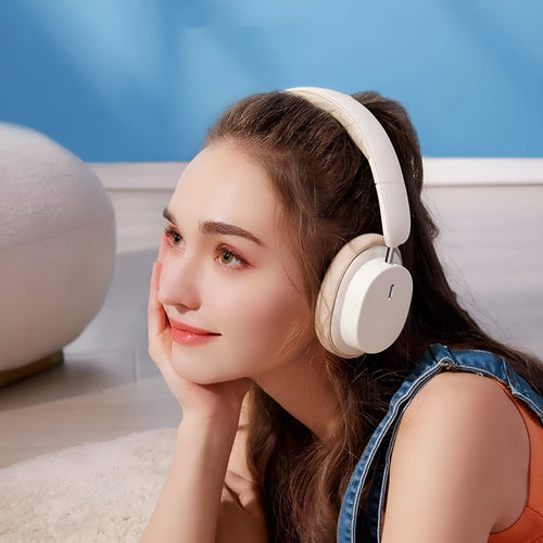 Beige wireless Bluetooth headphones over-ear head mounted with Type-C charging