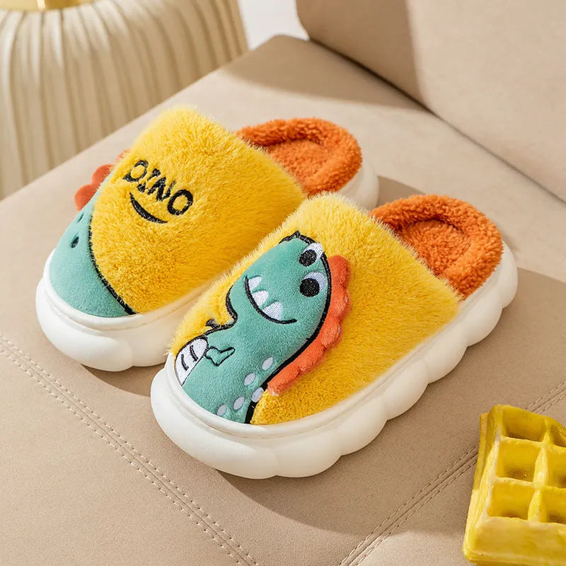 Cotton plush dinosaur print slippers with thickened construction for indoor wear
