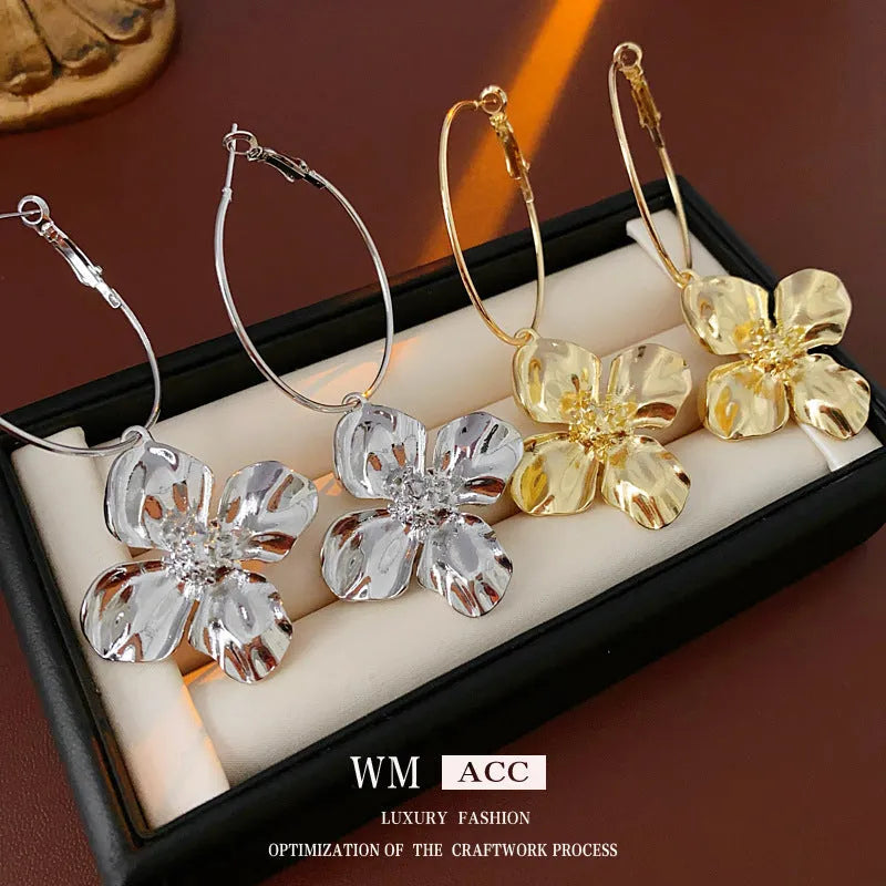 Metal flower geometric earrings with silver needle cold-processed style in gold or silver electroplated finish